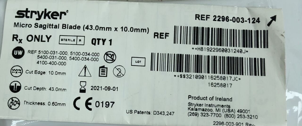 2296-003-124 - STRYKER - Micro Sagittal Blade, 43.0mm x 10.0mm, (EA) - ( Expiry Date: 2021-09-01 )
