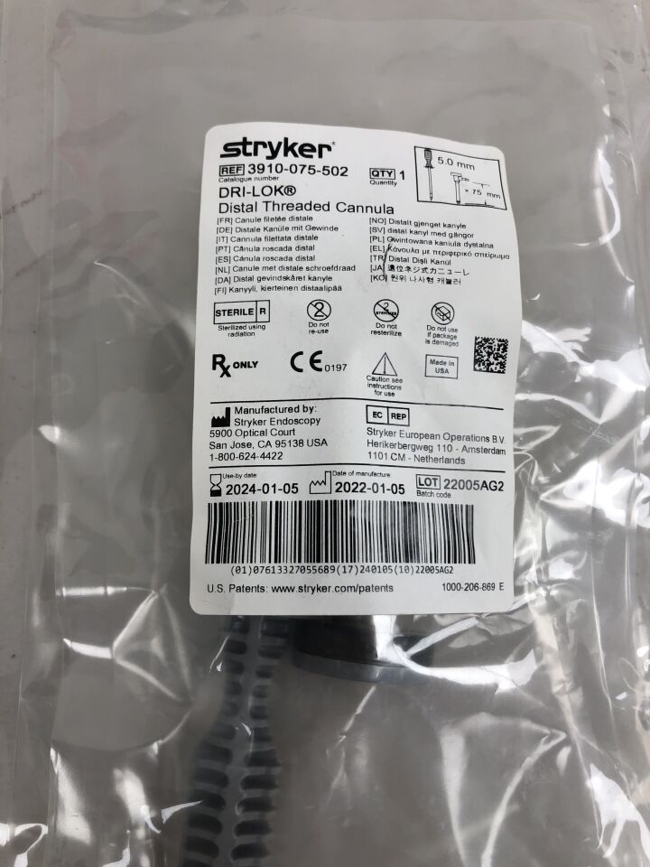 3910-075-502 - STRYKER - Dri-Lok Cannula, 5mm x 75mm, Distal Threaded, (EA) - ( Expiry Date: 2024-01-05 )