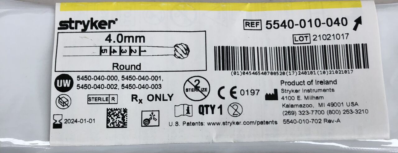 5540-010-040 - STRYKER - round bur, fluted 4.0mm, (EA) - ( Expiry Date: 2024-01-01 )