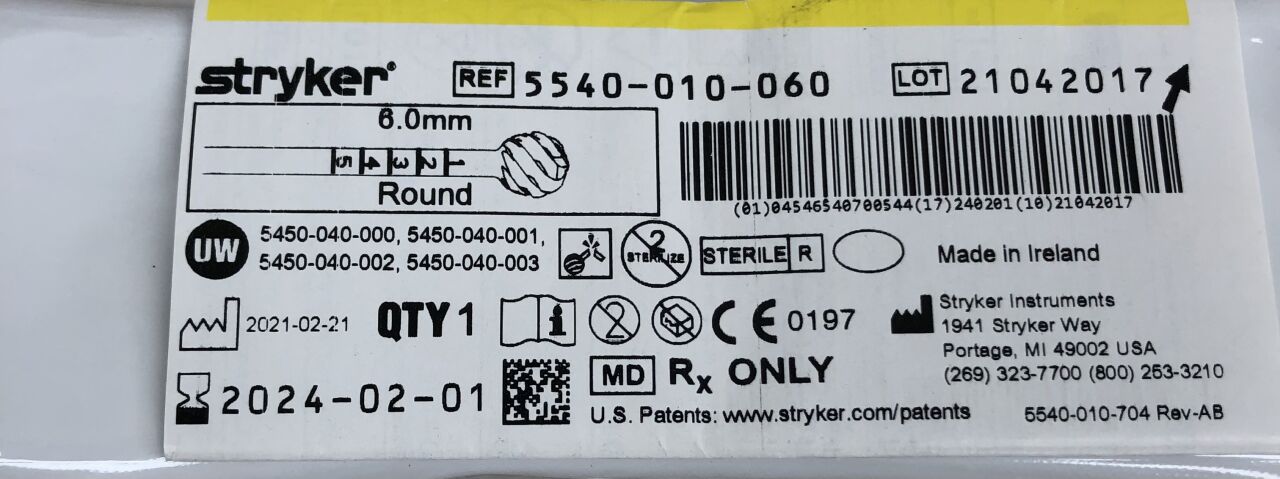 5540-010-060 - STRYKER - round bur, fluted 6.0mm, (EA) - ( Expiry Date: 2024-02-01 )