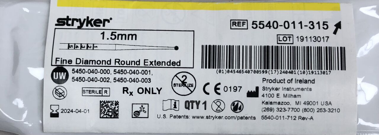 5540-011-315 - STRYKER - Round Fine Diamond Extended Bur, 1.5mm, (EA) - ( Expiry Date: 2024-04-01 )