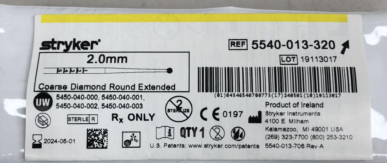 5540-013-320 - STRYKER - Extended Coarse Diamond Round Burr, 2 mm Head Diameter, (EA) - ( Expiry Date: 2024-05-01 )