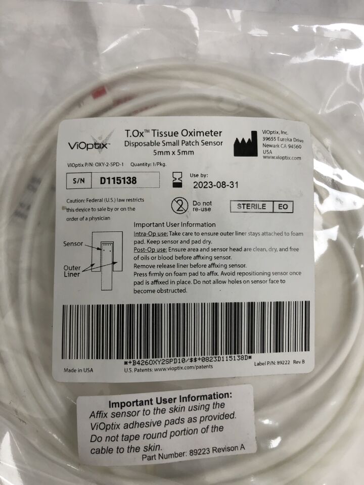 D115138 - VIOPTIX - T.Ox Tissue Oximeter, Small Patch Sensor, 5mm X 5mm, (EA) - ( Expiry Date: 2023-08-31 )