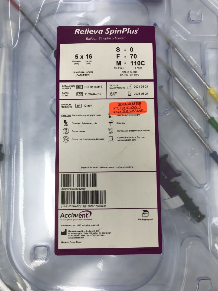RSP0516MFS - ACCLARENT - RELIEVA SPINPLUS Balloon Sinuplasty System, 5mm diameter x 16mm length, 3 Guide Tip, (EA) - ( Expiry Date: 2023-03-24 )