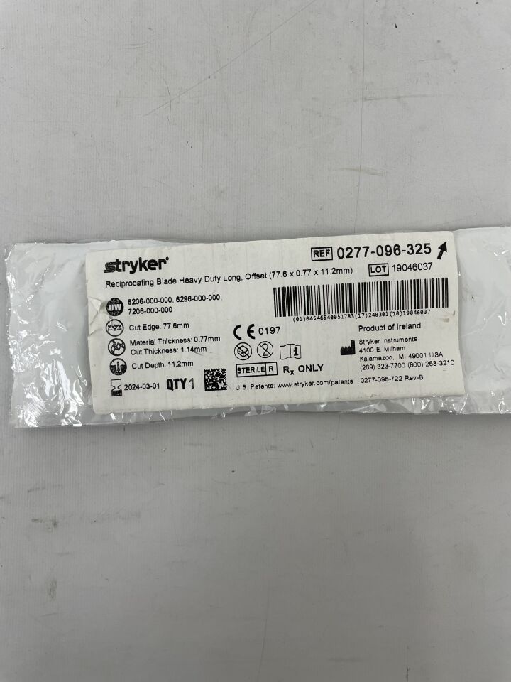 0277-096-325 - STRYKER - Reciprocating Blade, Heavy Duty, Long, Offset 77.6mm x 0.77mm x 11.2mm, () - ( Expiry Date: 2024-03-01 )