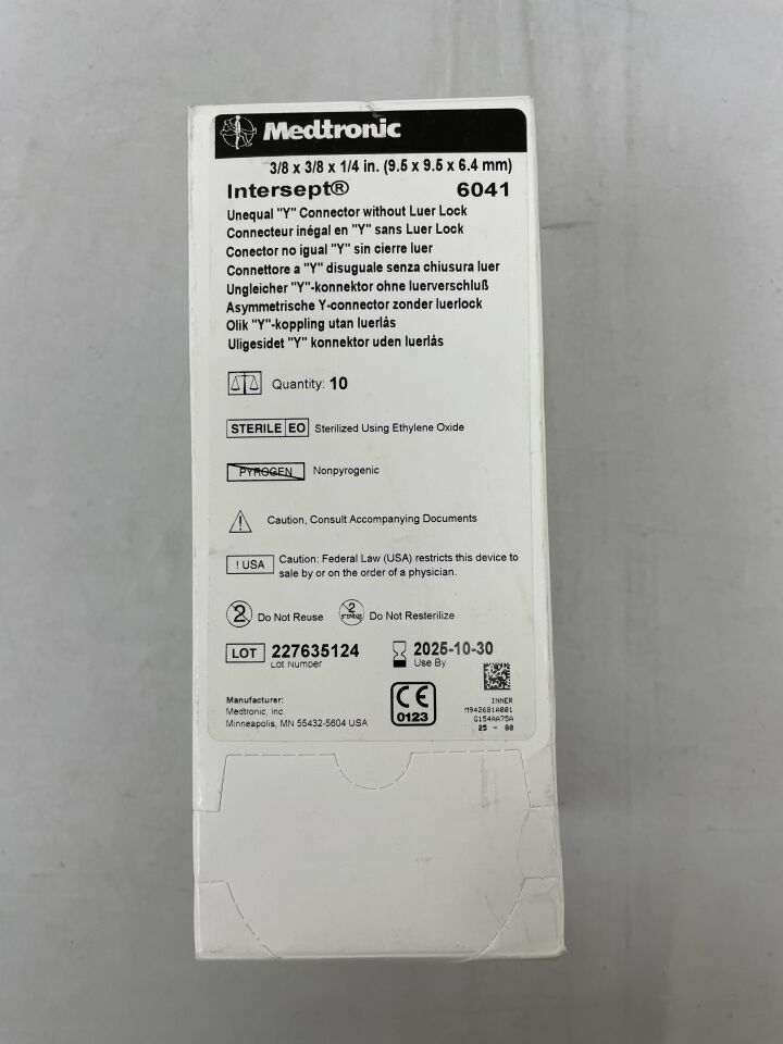 6041 - MEDTRONIC - Intersept Unequal Y Connector Without Luer Lock, 3/8 x 3/8 x 1/4in , ( BX ) - ( Expiry Date : 2025-10-30 )