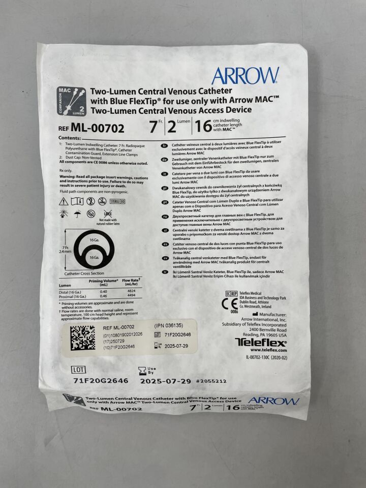 Arrow two-lumen central venous catheter medical device sterile packaging, model ML-00702, 7 Fr, 16 cm