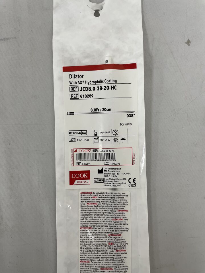 G10289 - COOK - Dilator with Hydrophilic Coating 8F x 20cm, 0.038", (EA) - ( Expiry Date: 2024-04-22 )
