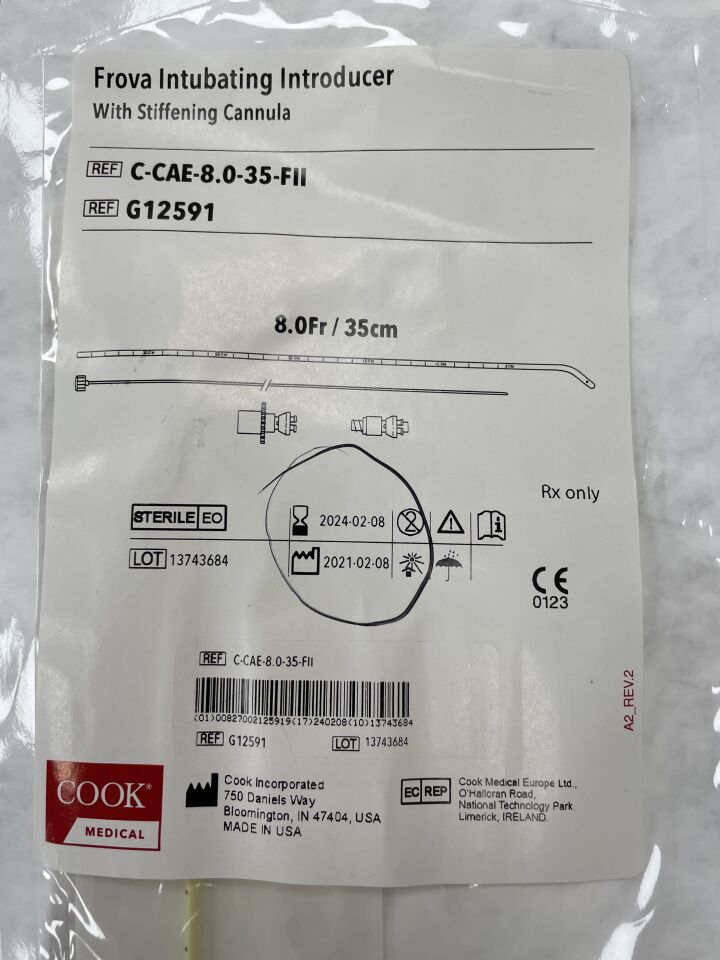 G12591 - COOK - Frova Intubating Introducer w/Stiffening Cannula 8F x 35cm, (EA) - ( Expiry Date: 2024-02-08 )
