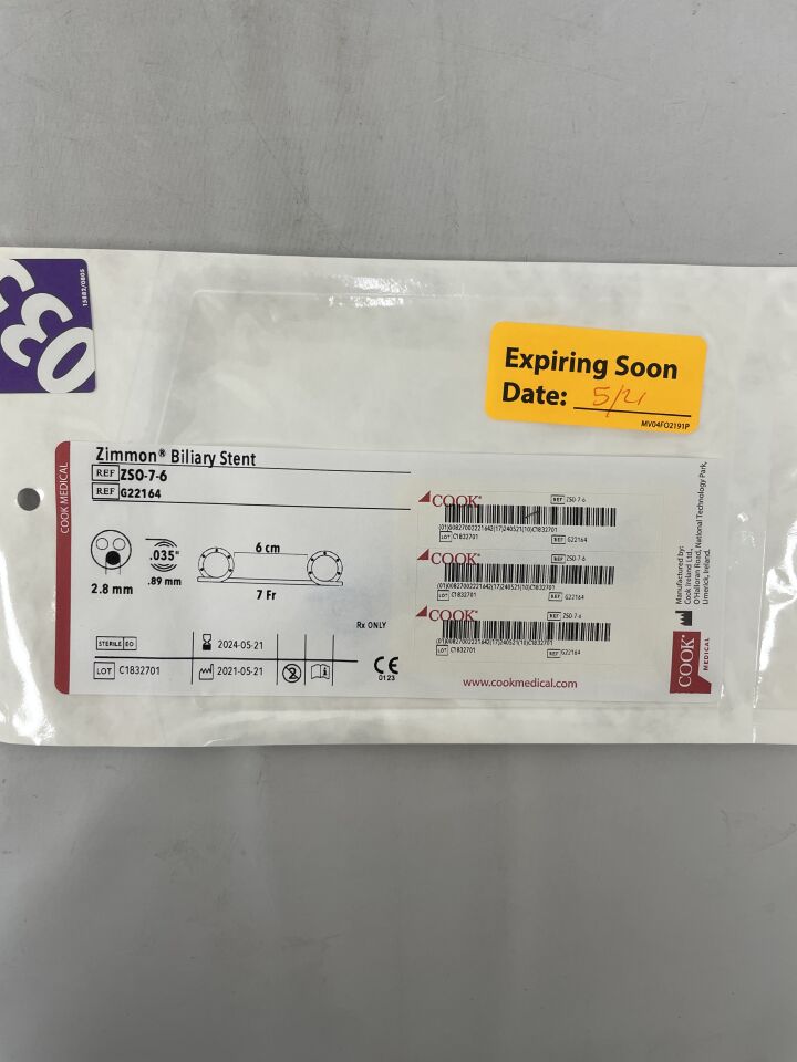 G22164 - COOK - Zimmon biliary Stent 7F x 6cm, (EA) - ( Expiry Date: 2024-05-21 )