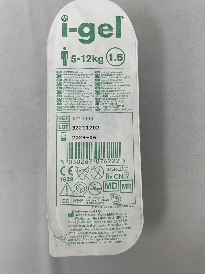 8215000 - INTERSURGICAL - I-Gel Supraglottic Airway, 5-12Kg, () - ( Expiry Date: 2024-06-21 )