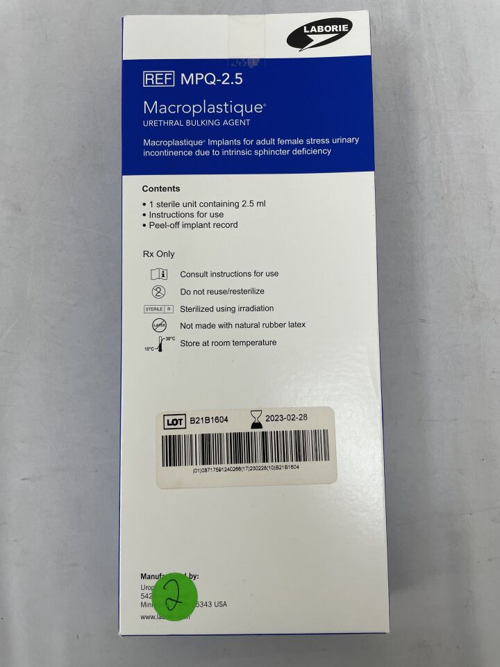 MPQ-2.5 - LABORIE - Cogentix Uroplasty Macroplastique Urethral Bulking Agent 2.5ml, (BX/1) - ( Expiry Date: 2023-02-28 )