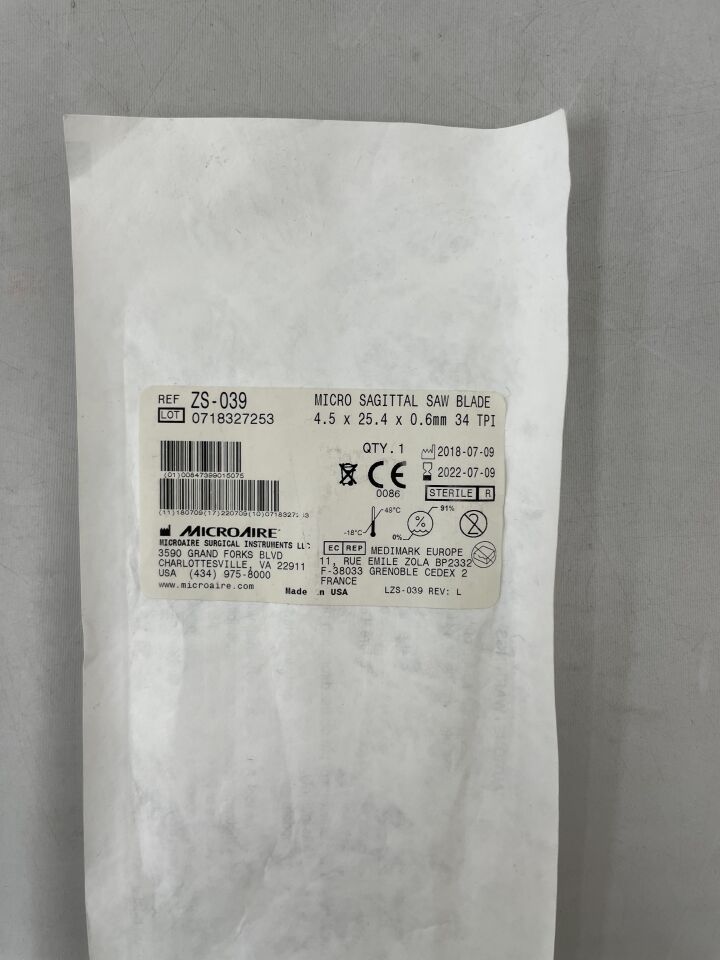 ZS-039 - MICROAIRE SURGICAL - Micro Sagittal Saw Blade 4.5mm x 25.4mm x .6mm 34TPI, (EA) - ( Expiry Date: 2022-07-09 )