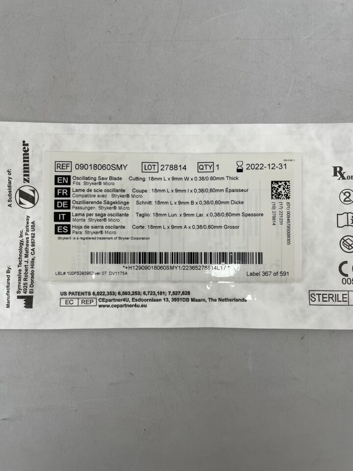 09018060SMY - ZIMMER - Synvasive Oscillating Saw Blade C.L.=18mm, C.W.=9mm, (EA) - ( Expiry Date: 2022-12-31 )