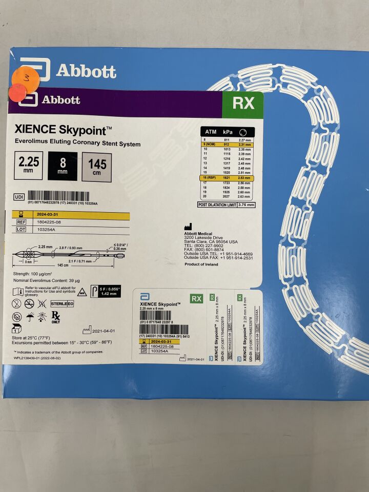1804225-08 - ABBOTT - Xience Skypoint RX Everolimus Eluting Coronary Stent: 2.25mm x 8mm, 145cm, (BX/1) - ( Expiry Date: 2024-03-31 )