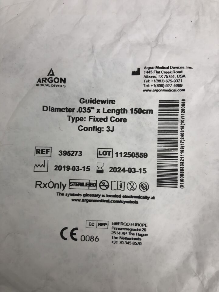 395273 - ARGON - Guidewire, 0.035" x 150cm length, Fixed Core, 3J Config, (EA) - ( Expiry Date: 2024-03-15 )