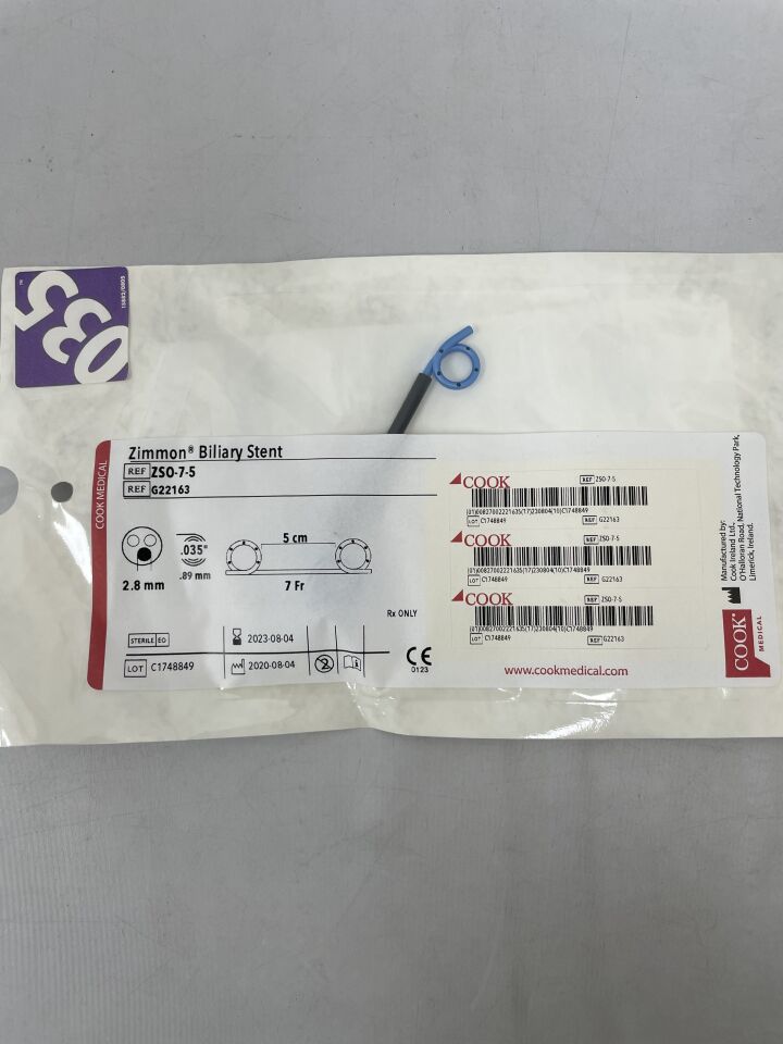 G22163 - COOK - Zimmon Biliary Stent Only 7F x 5cm, (EA) - ( Expiry Date: 2023-08-04 )