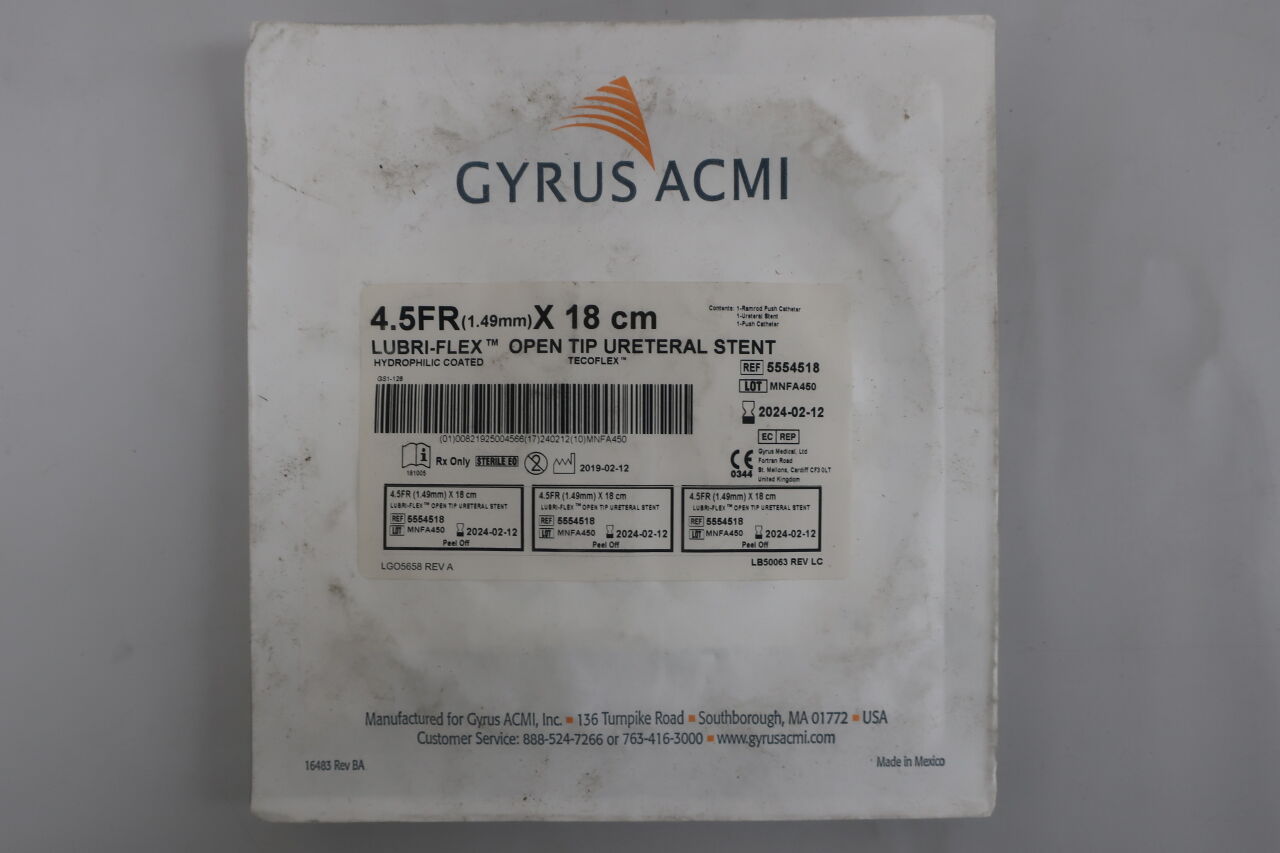 5554518 - GYRUS - Lubri-Flex Hydrophilic coated Open Tip Ureteral Stent Tecoflex, 4.5FR x 18cm, (EA) - ( Expiry Date: 2024-02-12 )