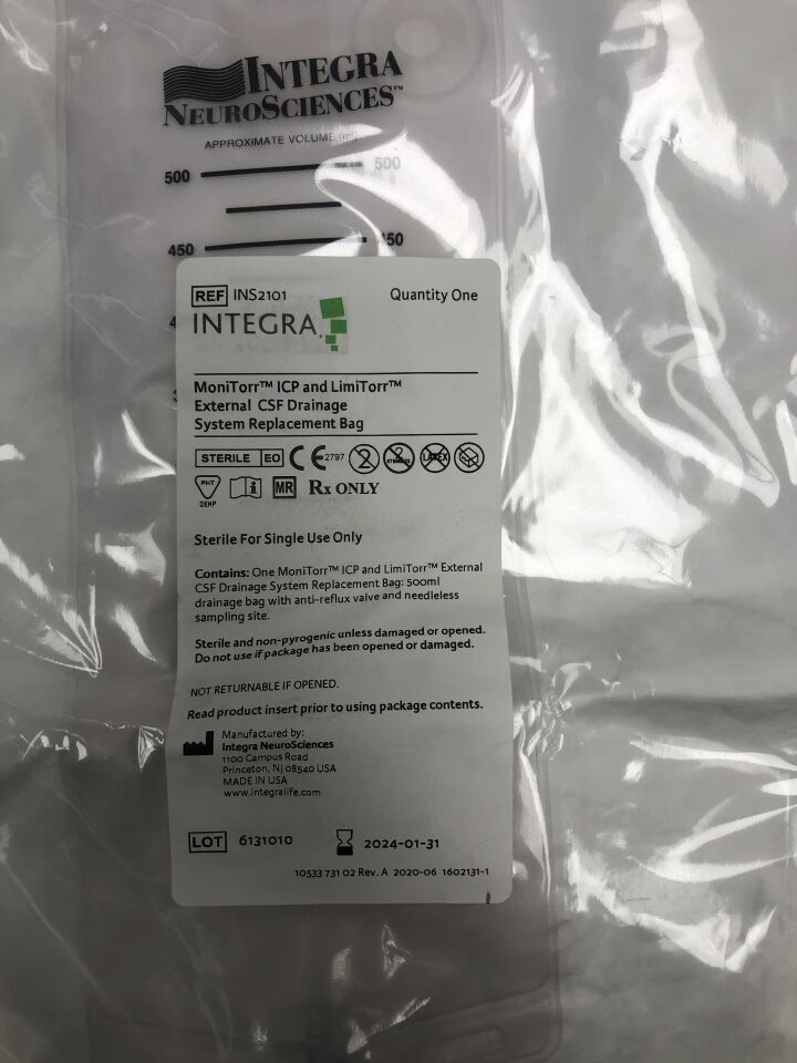 INS2101 - INTEGRA - MoniTorr ICP and LimiTorr External CSF Drainage System Replacement Bag, 500ml with anti-reflux valve and needleless sampling site, (EA) - ( Expiry Date: 2024-01-31 )
