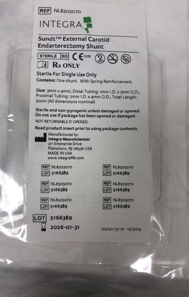 NL8505070 - INTEGRA - SUNDT EXTERNAL CAROTID ENDARTERECOMY SHUNT, with Spring Reinforcement, Loop: 3mm x 4mm, 30cm, (EA) - ( Expiry Date: 2024-01-31 )