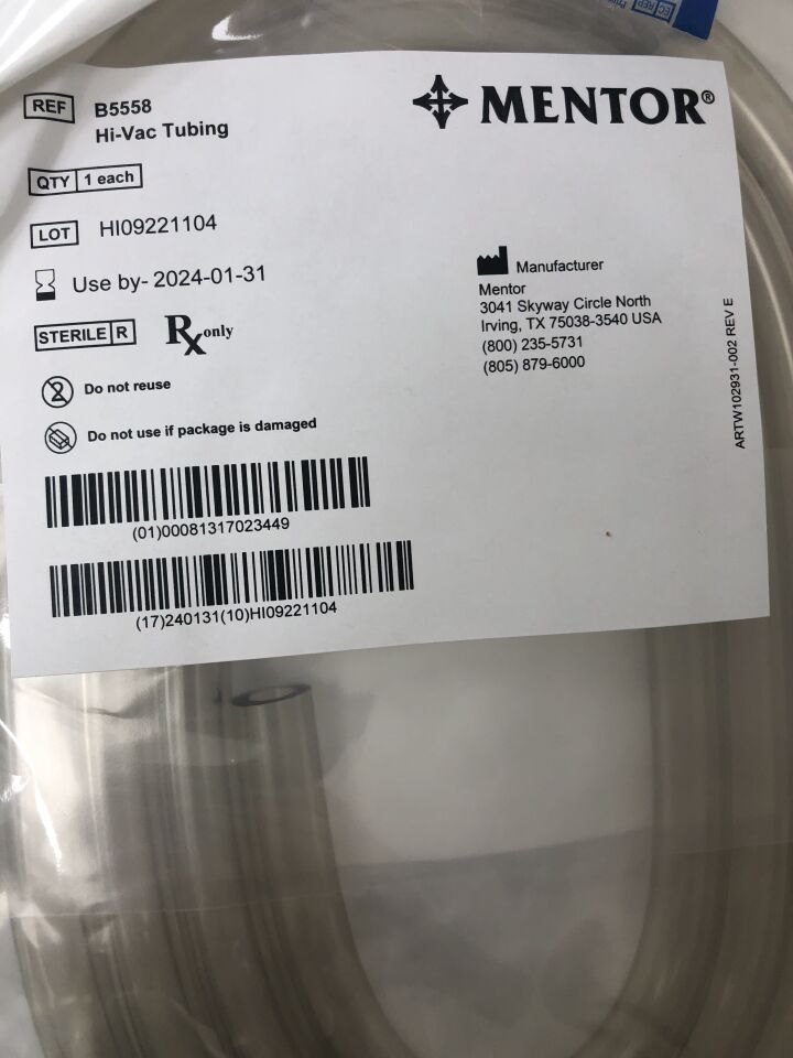 B5558 - MENTOR - Hi-Vac Tubing, (EA) - ( Expiry Date: 2024-01-31 )