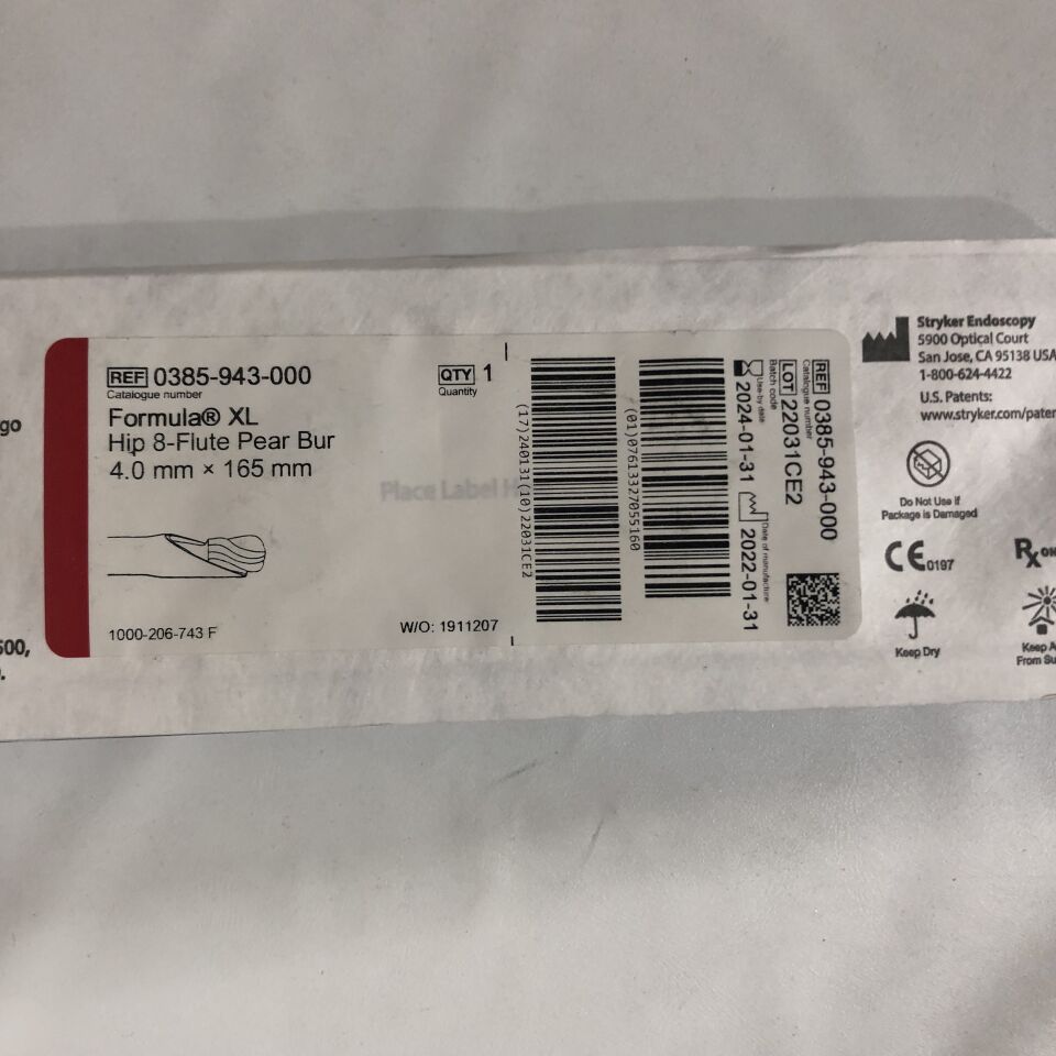 0385-943-000 - STRYKER - Formula XL, Hip 8-Flute Pear Bur, 4.0mm x 165mm, (EA) - ( Expiry Date: 2024-01-31 )