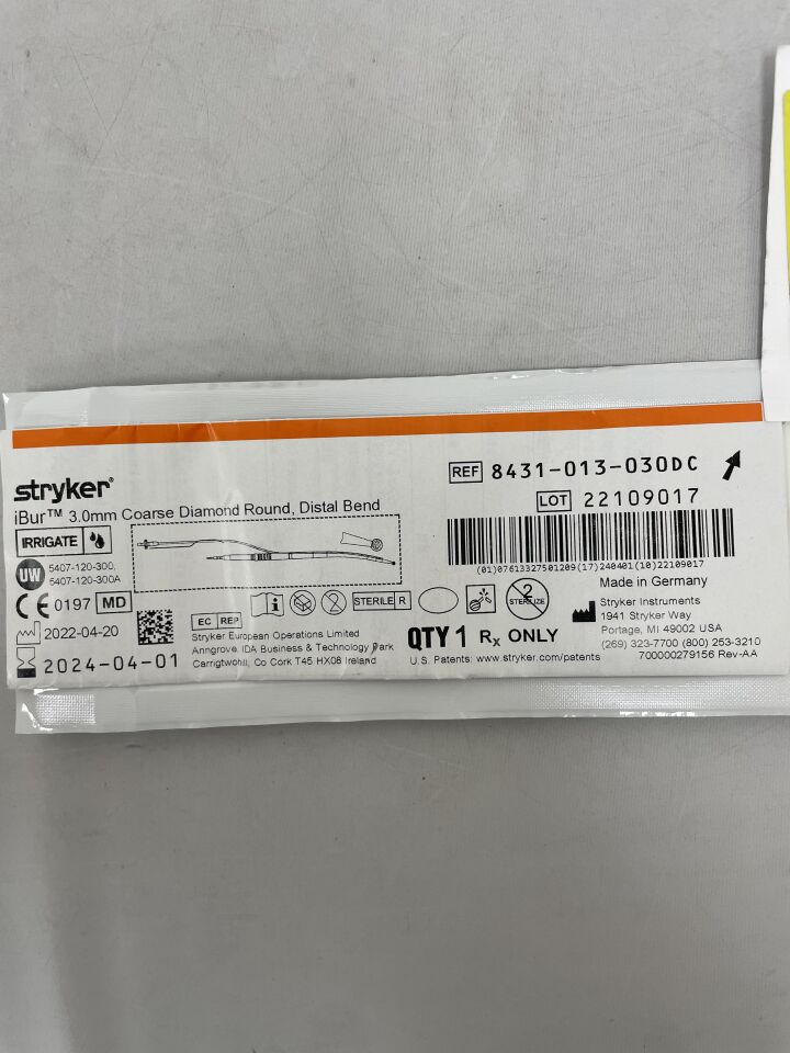 8431-013-030DC - STRYKER - iBur, Coarse Diamond Round, 15° Distal Bend 3mm x 12.5cm, (EA) - ( Expiry Date: 2024-04-01 )