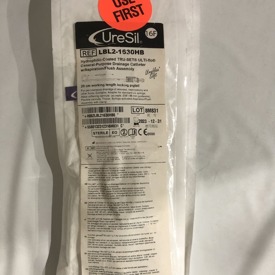 LBL2-1630HB - URESIL - Hydrophilic-Coated TRU-SET ULTI-flo General-Purpose Drainage Catheter with Aspiration/Flush Assembly, 20cm working length locking pigtail, (EA) - ( Expiry Date: 2023-12-31 )