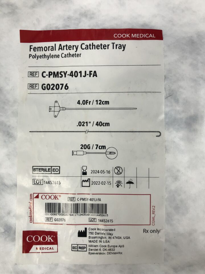G02076 - COOK - Femoral Artery Catheter Tray, Polyethylene Catheter, 4Fr/12cm, (EA) - ( Expiry Date: 2024-05-16 )