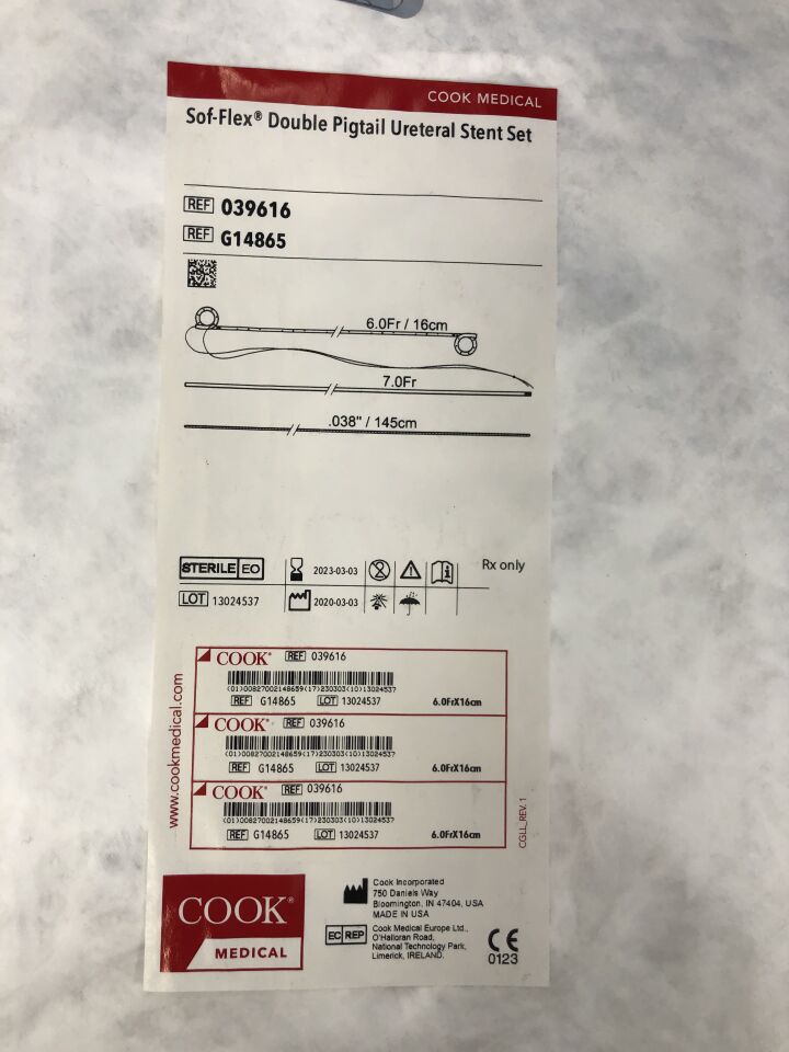 G14865 - COOK - Sof-Flex Double Pigtail Ureteral Stent Set, 6.0Fr x 16cm, (EA) - ( Expiry Date: 2023-03-03 )