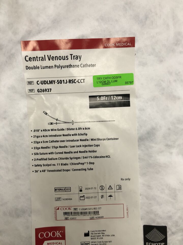 G26937 - COOK - Central Venous Tray, Double Lumen Polyurethane Catheter, 5Fr/2cm, (EA) - ( Expiry Date: 2024-01-12 )