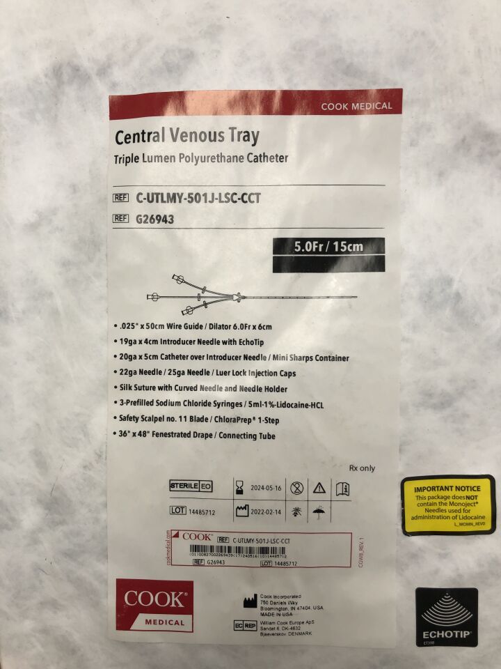 G26943 - COOK - Central Venous Tray, Triple Lumen Polyurethane Catheter, 5Fr/15cm, (EA) - ( Expiry Date: 2024-05-16 )