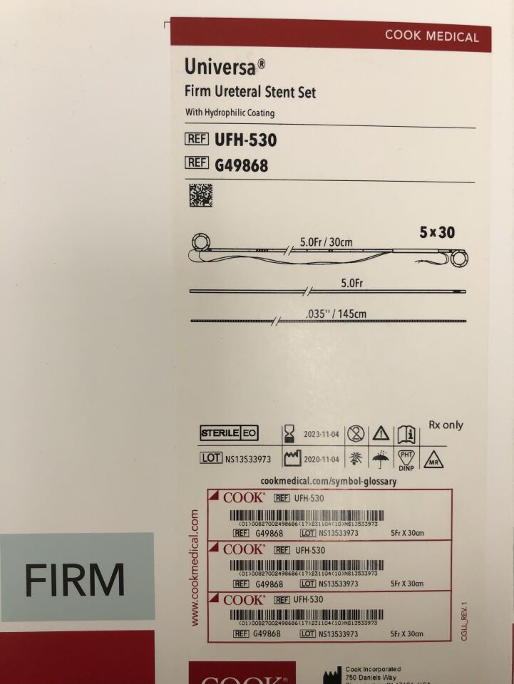 G49868 - COOK - Universa Firm Ureteral Stent Set, With Hydrophilic Coating, 5Fr/30cm, (BX/1) - ( Expiry Date: 2023-11-30 )