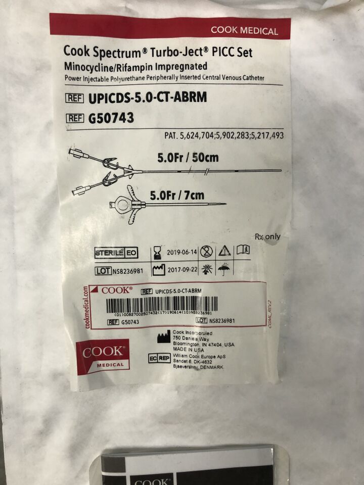 G50743 - COOK - Spectrum Turbo-Ject PICC Set, Minocycline/Rifampin Impregnated, Power Injectable Polyurethane Peripherally Inserted Central Venous Catheter, 5Fr/50cm, (EA) - ( Expiry Date: 2019-06-14 )
