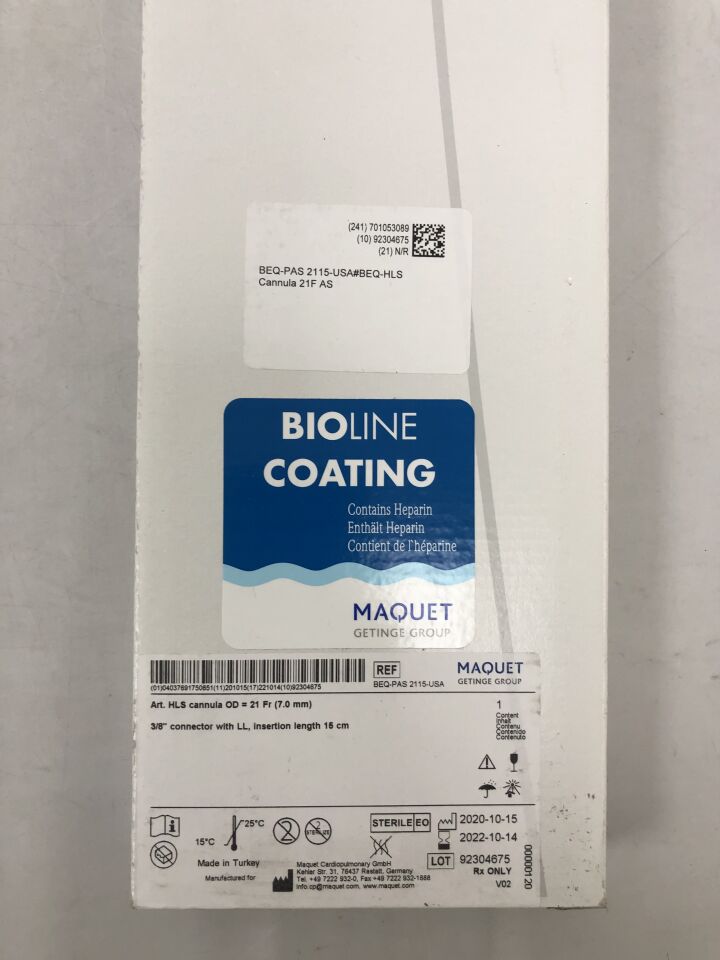 BEQ-PAS 2115-USA - MAQUET - Arterial HLS Cannula, 21Fr OD, 3/8" Connector with LL, Insertion length 15cm, with Bioline Coating, (BX/1) - ( Expiry Date: 2022-10-11 )