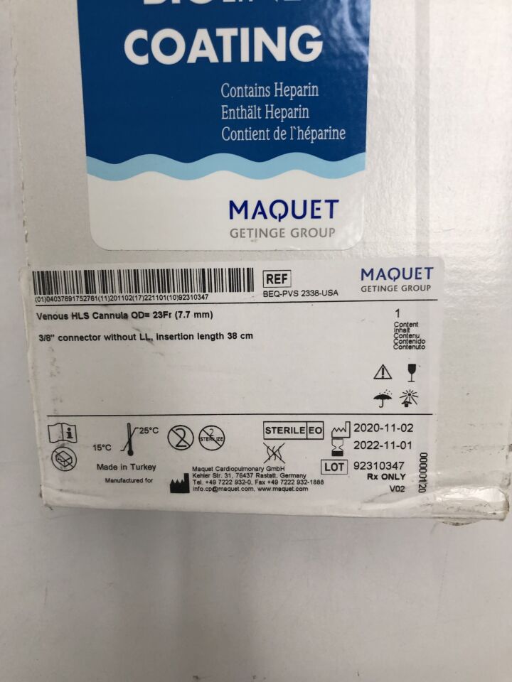 BEQ-PVS 2338-USA - MAQUET - Venous HLS Cannula, 23Fr OD, 3/8" Connector without LL, Insertion length 38cm, with Bioline Coating, (BX/1) - ( Expiry Date: 2022-11-01 )