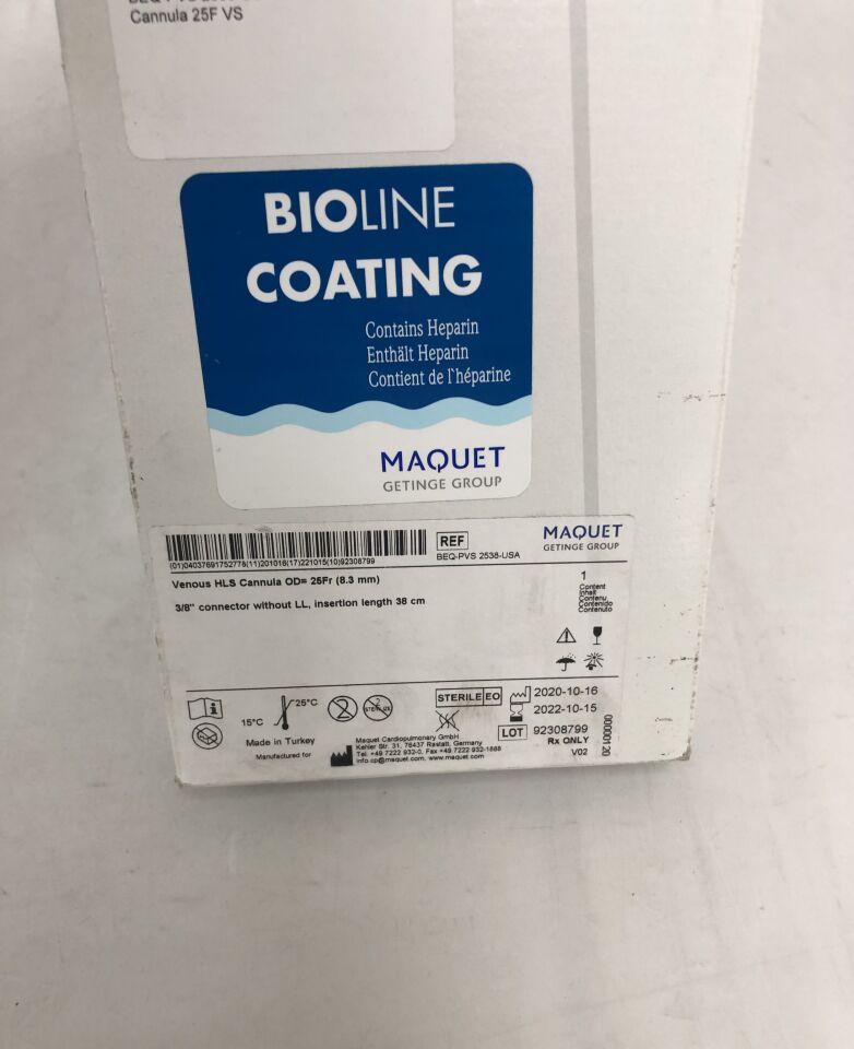 BEQ-PVS 2538-USA - MAQUET - Venous HLS Cannula, 25Fr OD, 3/8" Connector without LL, Insertion length 38cm, with Bioline Coating, (BX/1) - ( Expiry Date: 2022-10-15 )