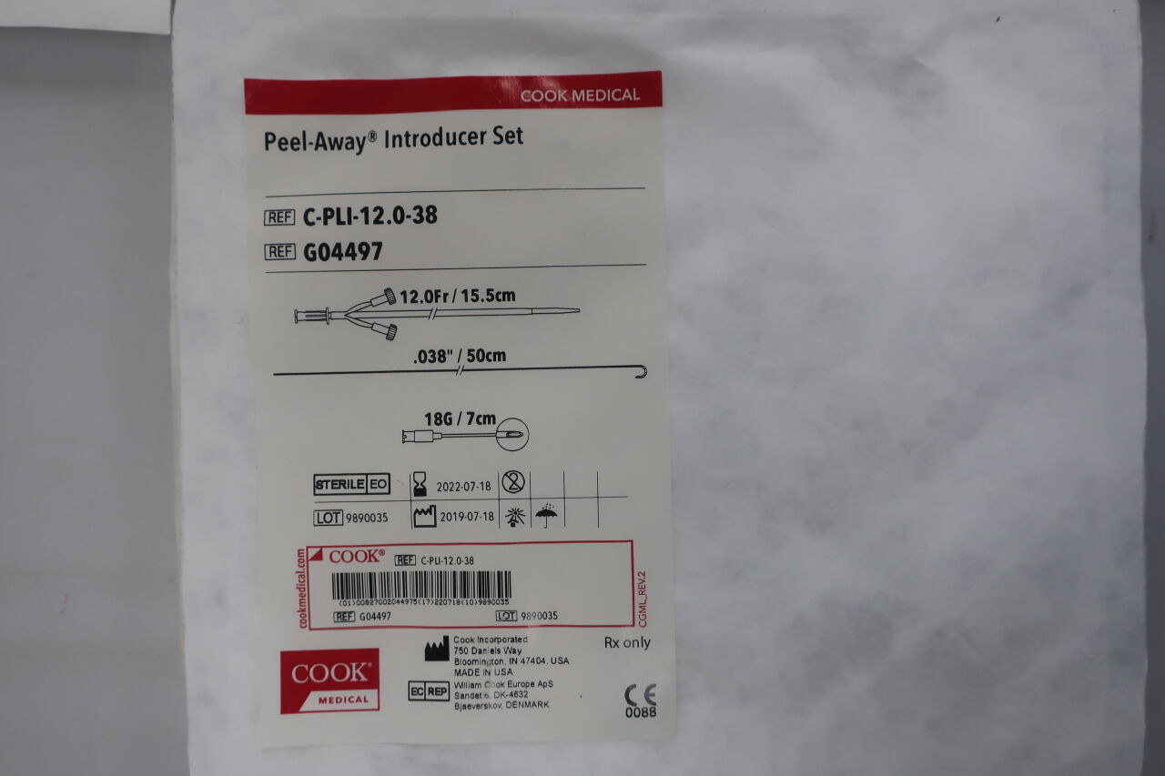 G04497 - COOK - Peel-Away Introducer Sheath Set, 12 Fr Size, 20 cm Length, (EA) - ( Expiry Date: 2023-12-08 )