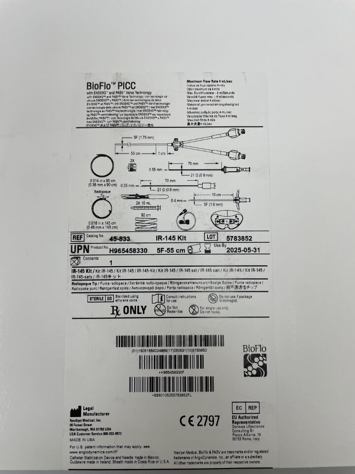 45-833 - NAVILYST - BioFlo PICC 導管,採用 Endexo 和 PASV 閥門技術,5F x 55cm 雙腔導管,(BX/1)-(有效期至:2025-05-31)