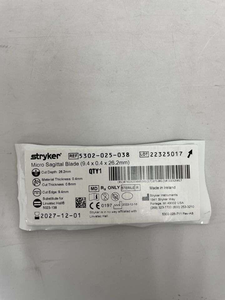 5302-025-038 - STRYKER - micro sagittal blade 9.4mm x 26mm x 0.4mm , ( EA ) - ( Expiry Date : 2027-12-01 )