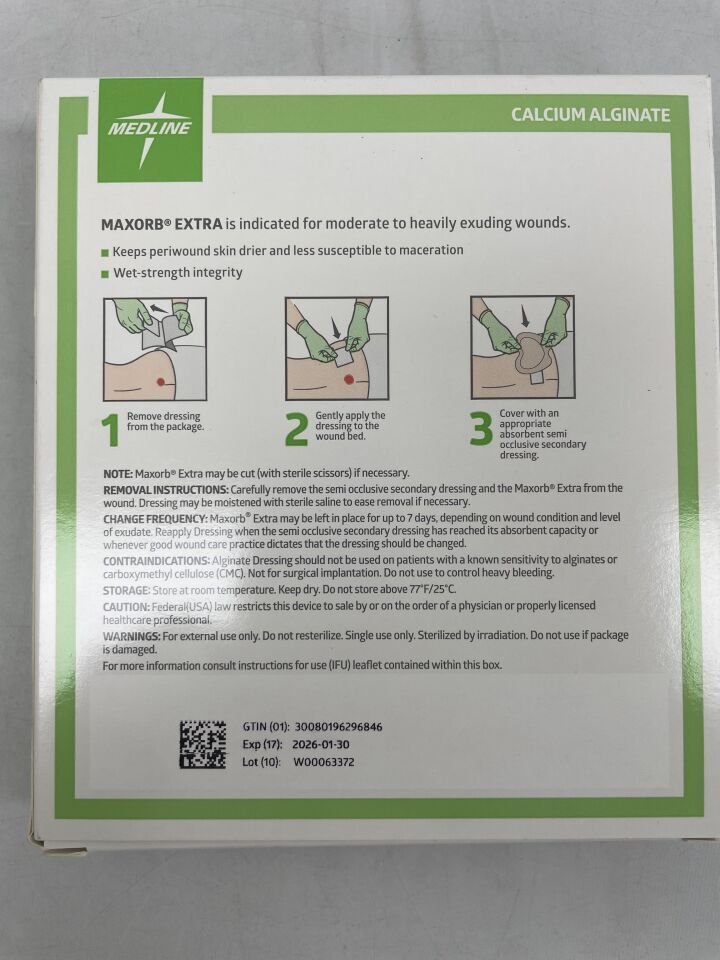 MSC7044EP - MEDLINE - Apósito para heridas Maxorb Extra CMC/Alginato, 4" x 4", (Caja de 10) - (Fecha de caducidad: 30/01/2026)