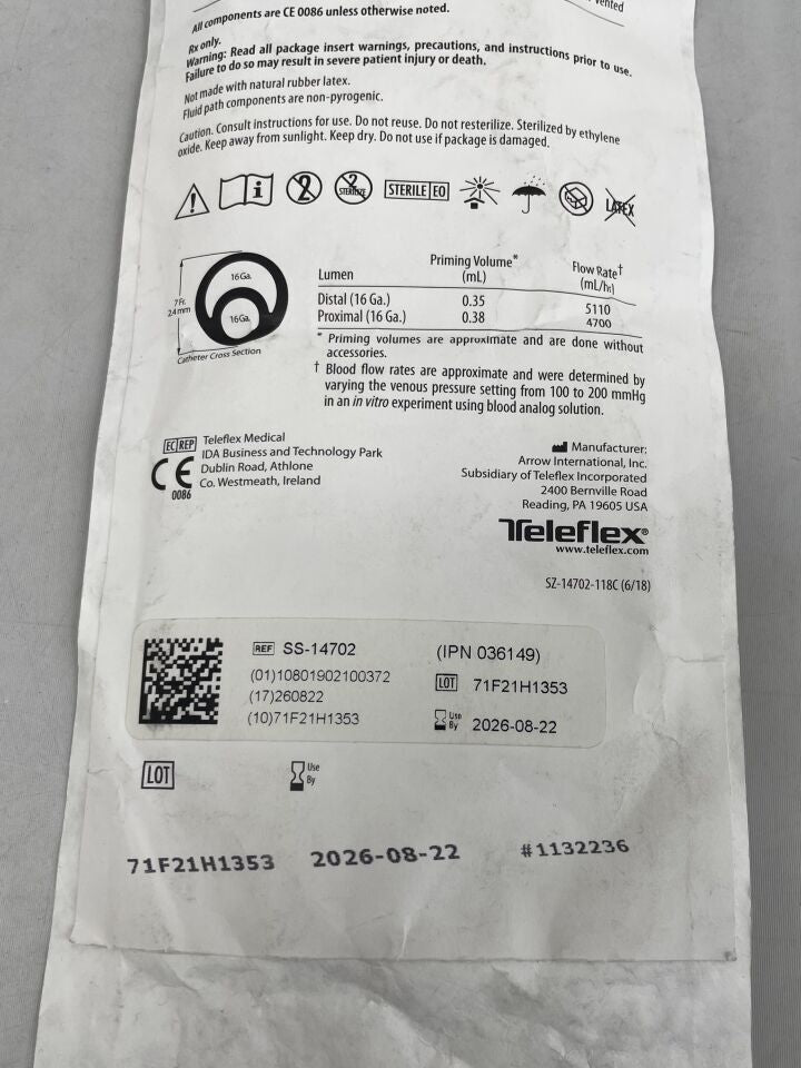 SS-14702 - TELEFLEX - ARROW 雙腔中心靜脈導管 7F,(EA)-(有效期至:2026-08-22)