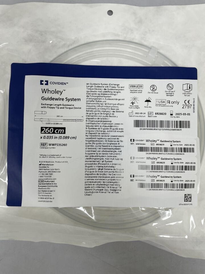 WWFS35260 - COVIDIEN - Sistema de guía Medtronic Wholey, flexible, 0,035" x 260 cm, recto, (unidad) - (Fecha de caducidad: 01/03/2025)