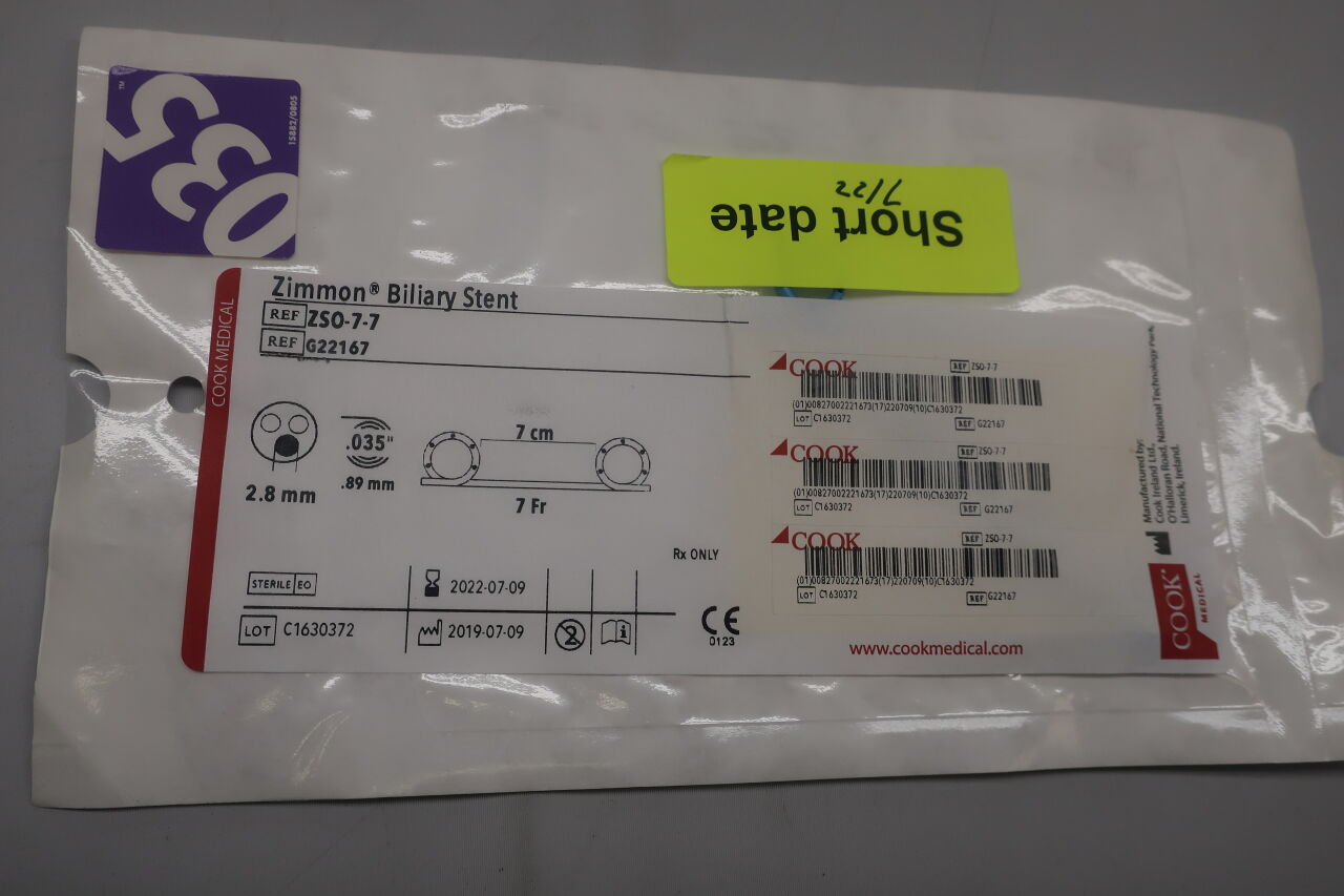 G22167 - COOK - Zimmon Biliary Stent, 7 Fr x 7 cm Length, (EA) - ( Expiry Date: 2024-01-14 )