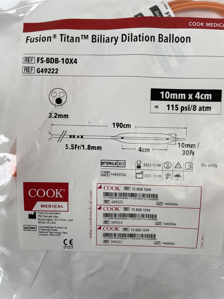 G49222 - COOK - Fusion Titan Biliary Dilation Balloon 10mm x 4cm, (EA) - ( Expiry Date: 2023-12-09 )
