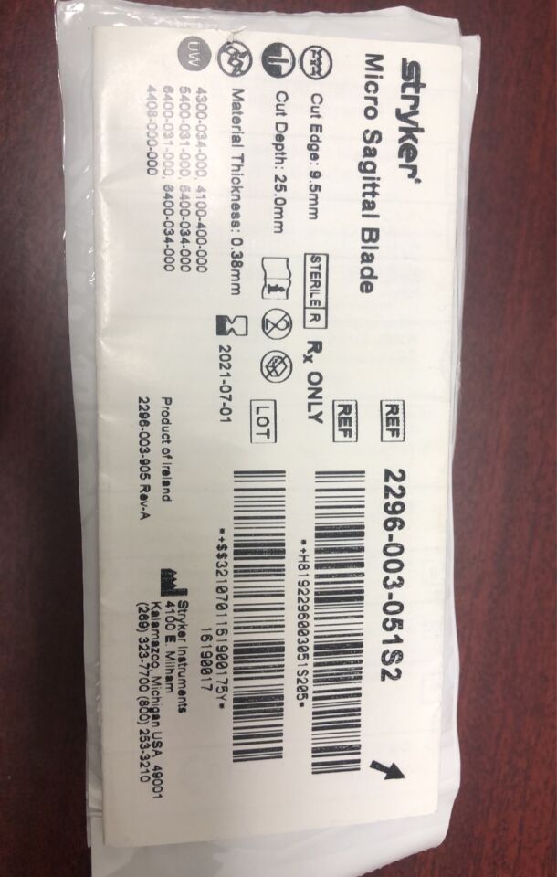 2296-003-051S2 - STRYKER - micro sagittal blade: 9.5mm x 25mm x 0.38mm, (EA) - ( Expiry Date: 2022-09-01 )