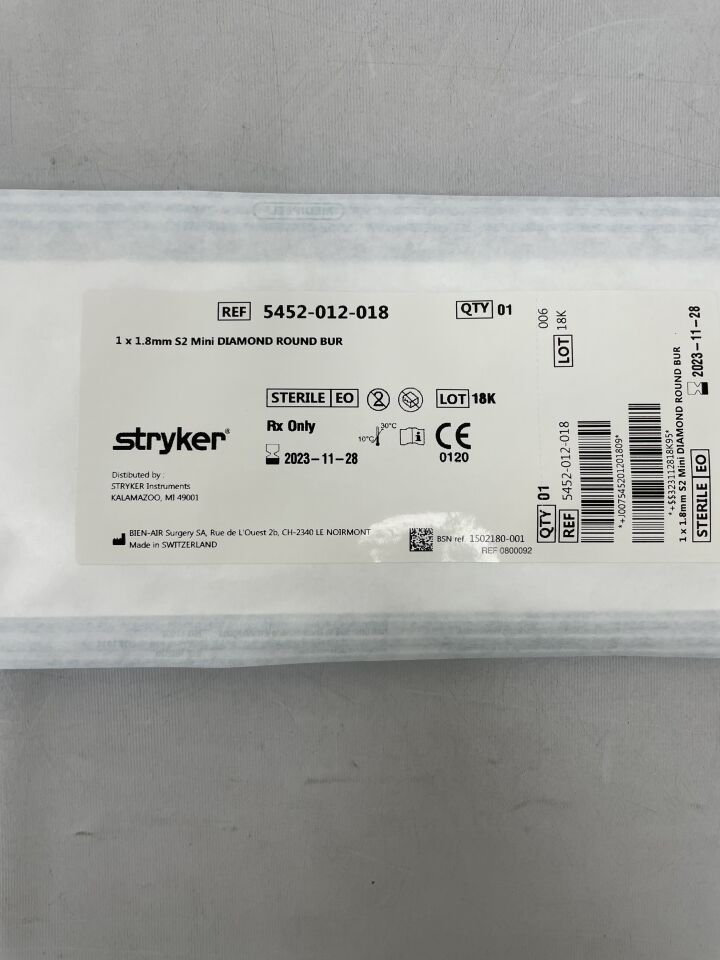 5452-012-018 - STRYKER - S2 Mini Diamond Round Bur 1mm x 1.8mm, (EA) - ( Expiry Date: 2023-11-28 )