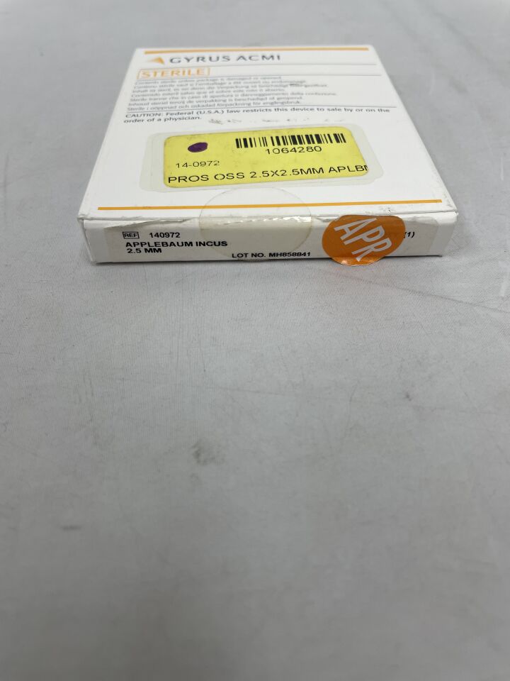 140972 - GYRUS ACMI - Incus Replacement System, 2.5 L x 2.5 mm W, Dense Hydroxylapatite, Applebaum Design, (BX/1) - ( Expiry Date: 2024-04-30 )