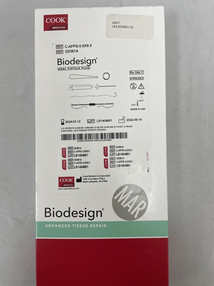 G53614 - COOK - Biodesign Surgisis Anal Fistula Plug Set: 0.6cm x 9.5cm, () - ( Expiry Date: 2024-03-12 )
