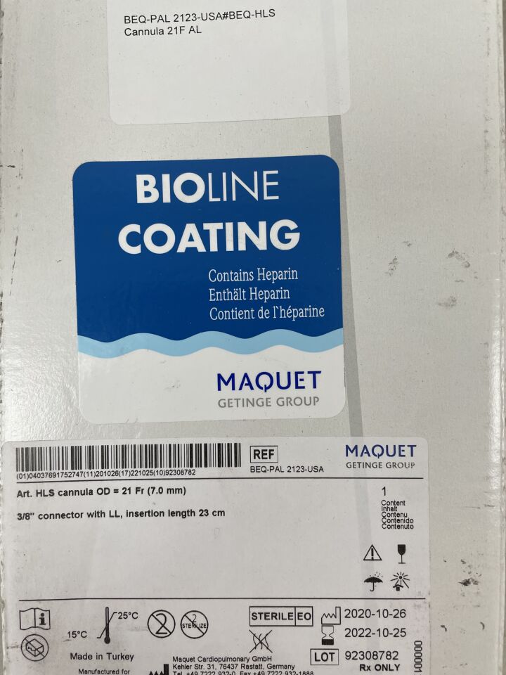 BEQ-PAL 2123-USA - MAQUET - HLS Cannula, 21Fr, 23cm, () - ( Expiry Date: 2022-10-25 )